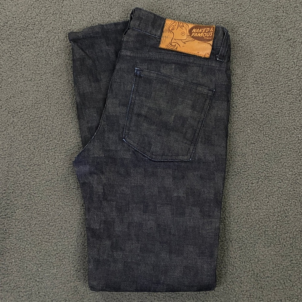 Naked & Famous Super Skinny Guy Jeans Men 32x30 Blue Puzzle Weave Stretch Denim